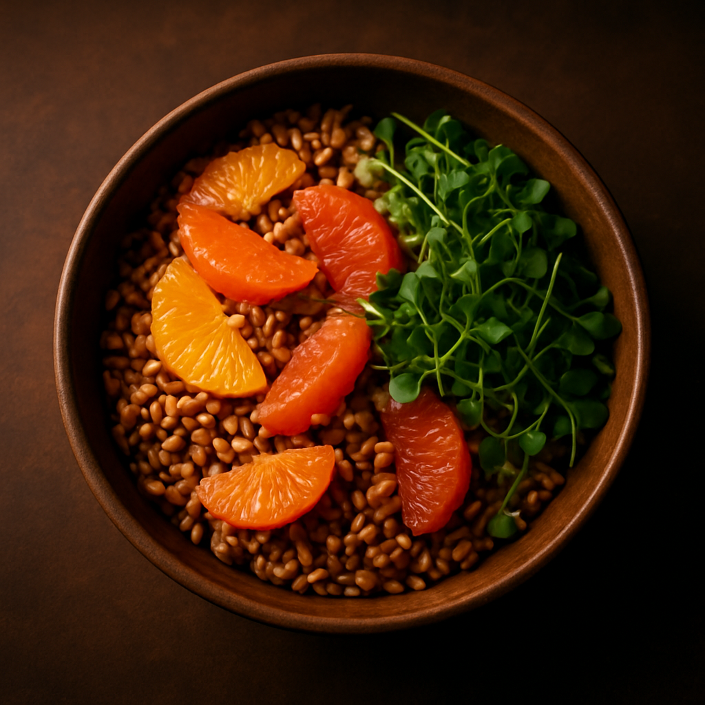 Seasonal market bowl with herbs and grains