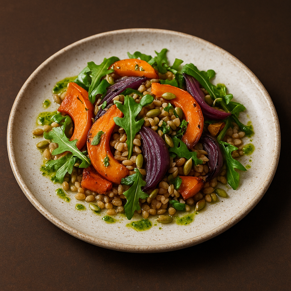 Close-up plated seasonal salad with grains