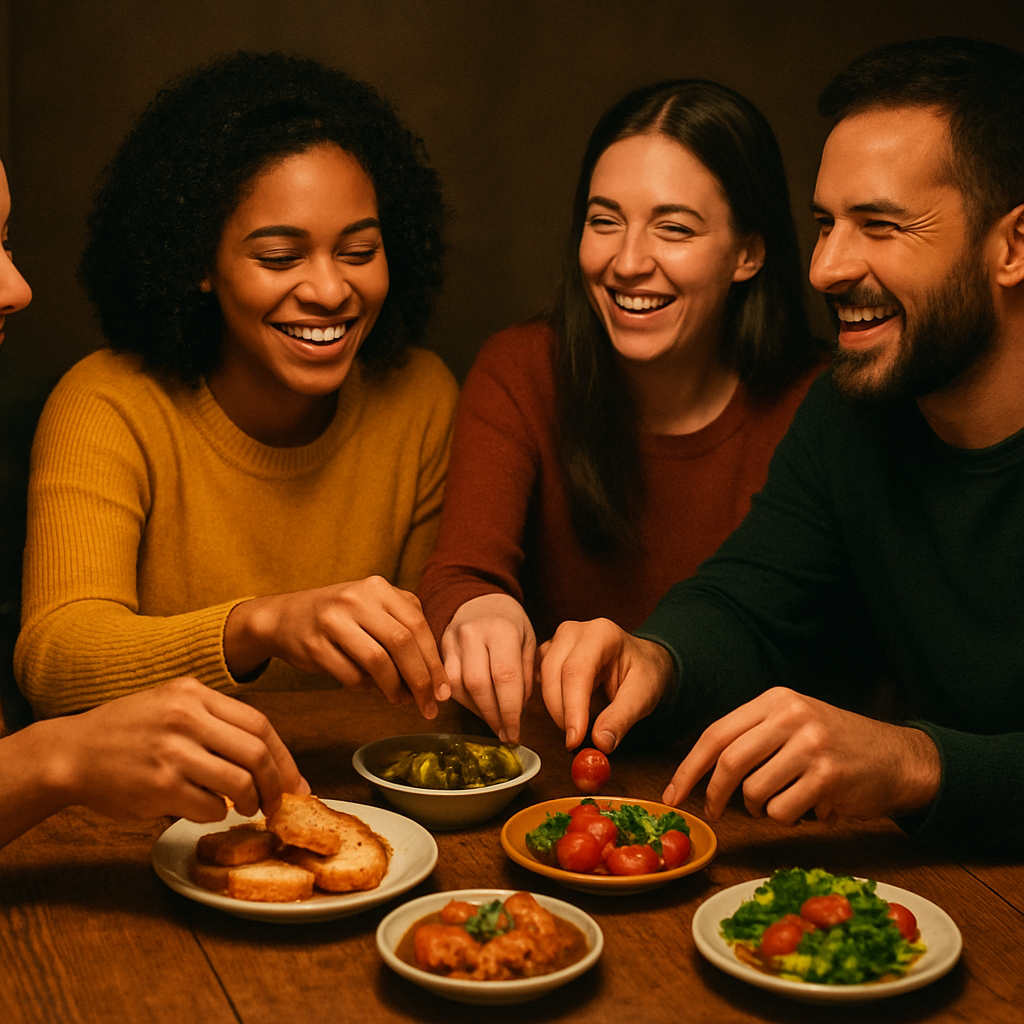 Community table with friends sharing small plates